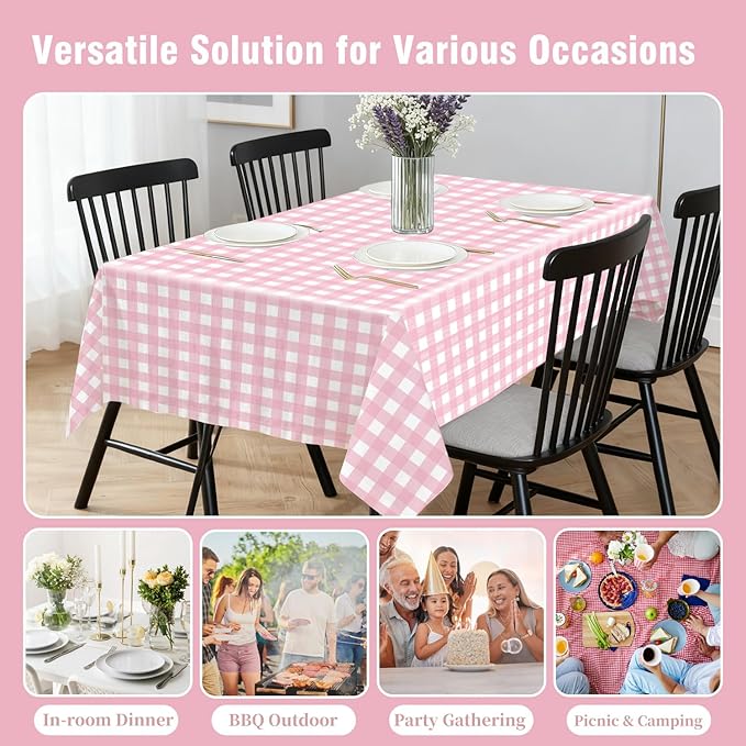 Oigco Pink Gingham Tablecloth - 3 Pack 54" × 108" Rectangle Disposable Pink and White Checkered Tablecloth, Picnic Table Cover for Party, Wedding, Birthday