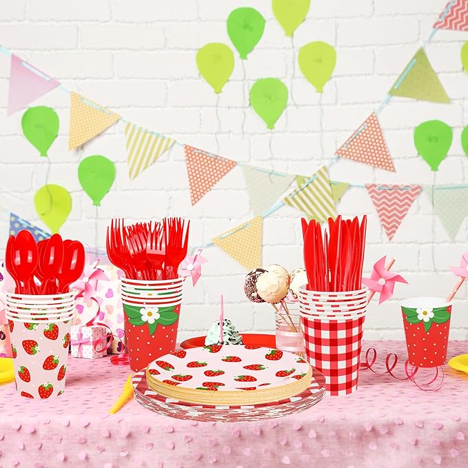 175Pcs Strawberry Gingham Party Supplies Kit Red Pink Plaid Tableware Set Disposable Dinnerware Paper Napkin Plate Cup Spoon Fork Knife for 25 Guest Party Favor