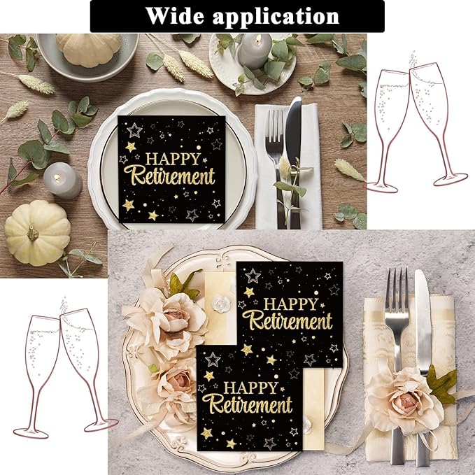 100 Pack Retirement Paper Napkins Retirement Party Decorations Happy Farewell Celebration Graduations Supplies We Will Miss You Napkins for Retired Decor Favors Black Gold Teacher