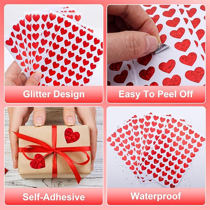 1920pcs Heart Stickers, Valentines Stickers, 0.5inch Holographic Glitter Small Mini Red Hearts Sticker Love Stickers for Valentine's Day, Mother's Day, Award Charts, Envelopes, Crafting, Scrapbooking