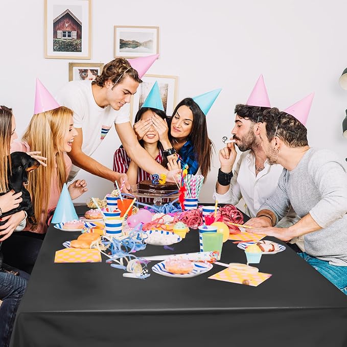 2 pcs Black Tablecloth Plastic -Stunning Metallic Matte Finish, 40" x 108" Halloween Table Cloth, for Halloween Graduation Space Scorpio Birthday Party Anniversary Event Decorations