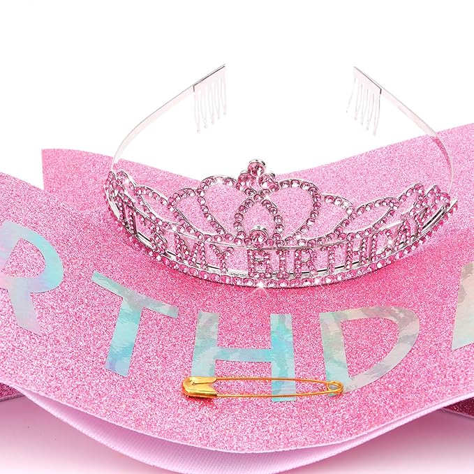 CAVETEE Birthday Crowns for Women - Its My Birthday Sash and Crown Set for Adult Women - Party Decorations and Gifts (Pink)