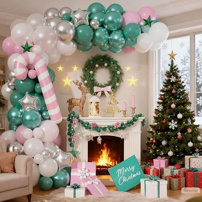 Christmas Balloon Arch Kit, Pink Green Metallic Silver Pearl Balloons with Star Foil, Pink Candy Cane, Green Candy Balloons for Birthday Party Decorations Baby Shower Backdrop