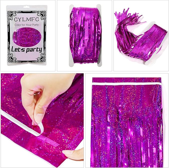 Tinsel Curtain Backdrop 2 Pack 3ftx8ft,CYLMFC Foil Backdrop Curtain Photo Booth Euphoria Christmas - Rose Red