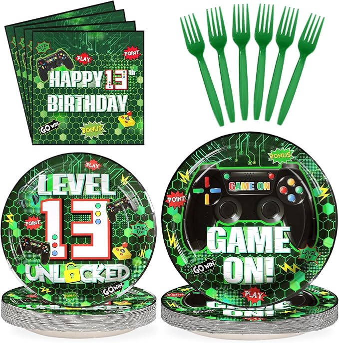 Grencian 96Pcs 13th Birthday Video Game Party Supplies Green Video Game Plates and Napkins Level Unlocked Tableware Set for Gaming Boys 13 Year Old Kids Birthday Party Decorations Serves 24