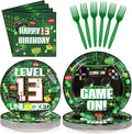 Grencian 96Pcs 13th Birthday Video Game Party Supplies Green Video Game Plates and Napkins Level Unlocked Tableware Set for Gaming Boys 13 Year Old Kids Birthday Party Decorations Serves 24