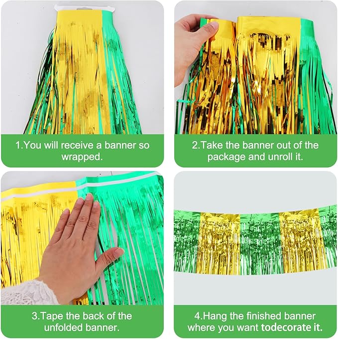 BEISHIDA 3 Packs Metallic Foil Fringe Garland Green Gold Wall Hanging Tinsel Fringe Banners for Car Floats Bridal Shower Wedding Birthday Graduation Holiday Party Decoration(30 Feet)