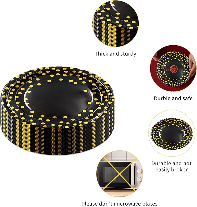 160 Pcs Black and Gold Paper Plates, Forks and Cups Party Supplies, black birthday plates Tableware Supplies for Birthdays, Graduations, Weddings, Holidays Serves 30 (7 inches)