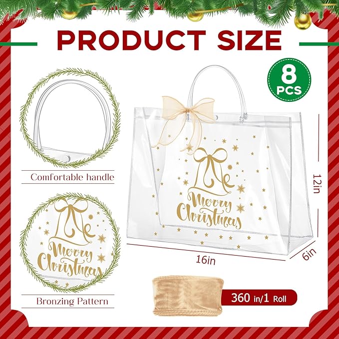 Henoyso 8 Pcs Christmas Clear Gift Bags Plastic Candy Treat Goodie Bags Red Foil Santa PVC Wrap Totes with Handles and Ribbon Xmas Party Favors (Christmas Tree,Bells,16x 6x 12 Inch)