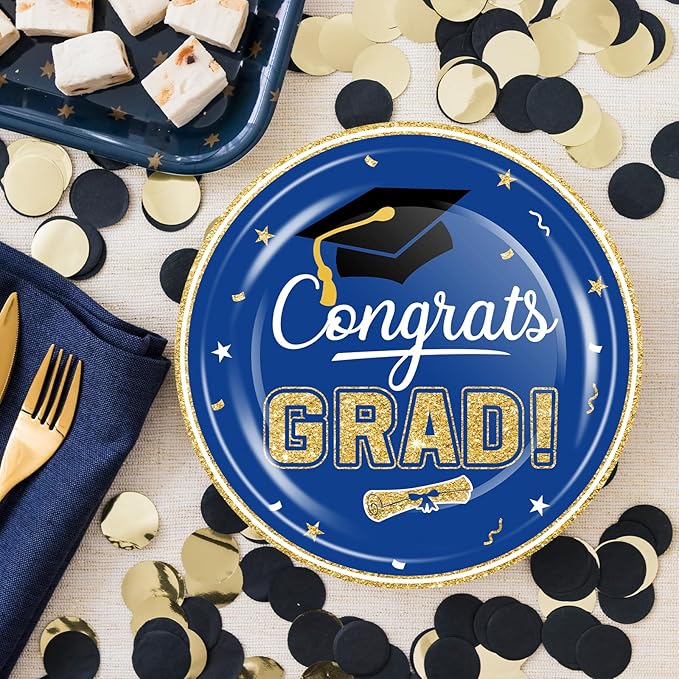2026 Graduation Party Supplies Tableware Set - 100 Pcs Blue Gold Graduation Plates and Napkins Class of 2026 Disposable Dinnerware for College High School Congrats Grad Party favors, Serve 25