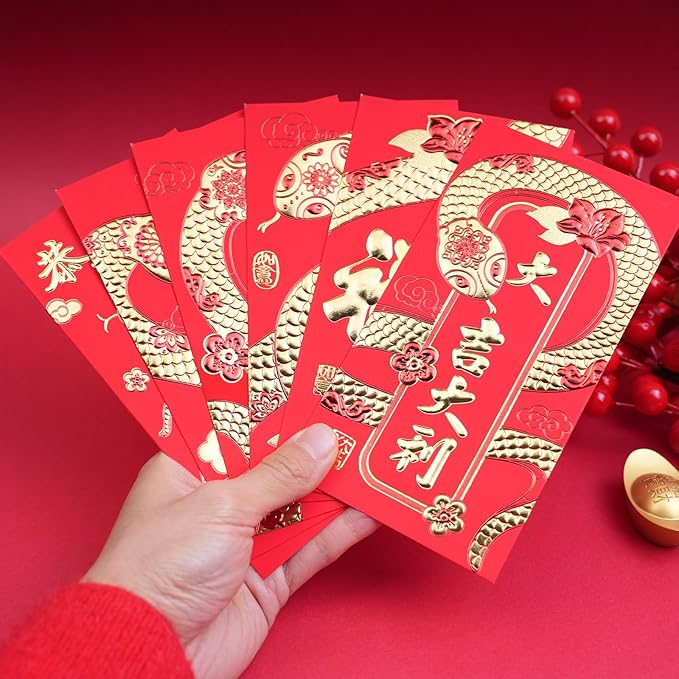Red Envelopes Chinese New Year Of The Snake 2025,红包,Lucky Money Envelopes For Lunar New Year, Hongbao With 6 Gold Embossed Patterns 36Pcs Large