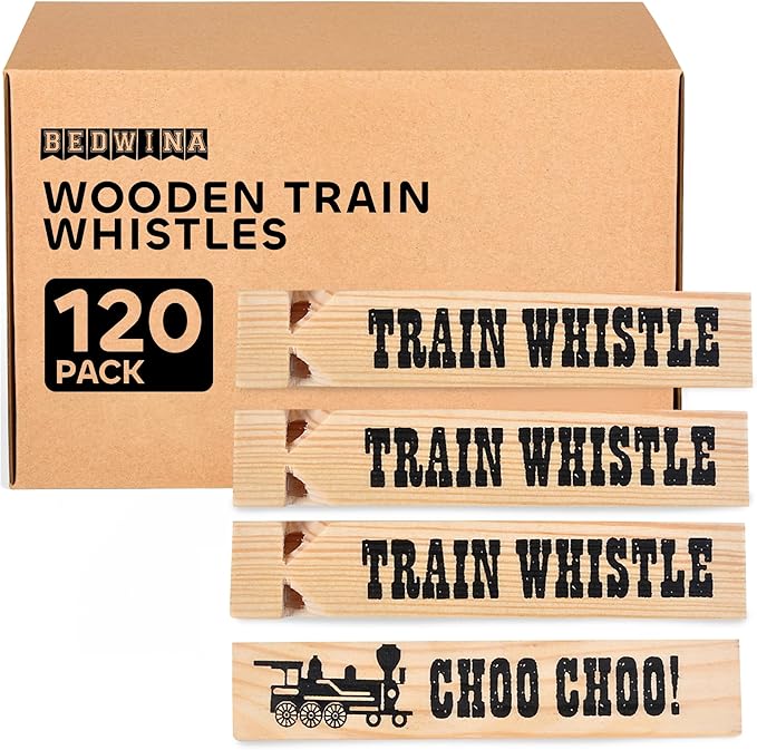 Wooden Train Whistles (Pack of 120) - Wood Train Whistle for Kids, Train Party Favors, Theme Birthday Decorations, Noisemakers, Goodie Bag Filler, Small Game Prizes, Stocking Stuffers