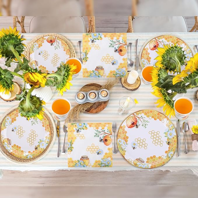 Pickmesh 250 Pcs Bee Party Disposable Tableware Set Paper Plates and Napkins Cups Supplies Tea Party Theme Dinner Dinnerware for Birthday Bridal Baby Shower wedding Decoration Serves 50