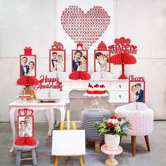 Cheereveal 8 Pieces Happy Wedding Anniversary Honeycomb Centerpiece, Red Glitter Photo Table Topper, Anniversary Theme Party Supplies for Adult 10th 20th 25th 30th 40th 50th 60th Decorations