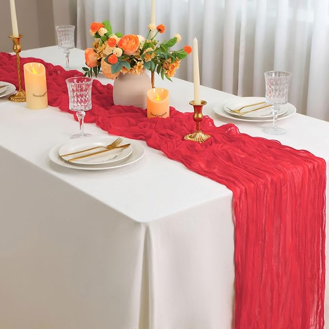 Snowkingdom 10 Ft Red Valentine's Day Cheesecloth Table Runner, 120 inch Long Boho Gauze Runner for Wedding Bridal Baby Shower Birthday Holiday Table Decorations
