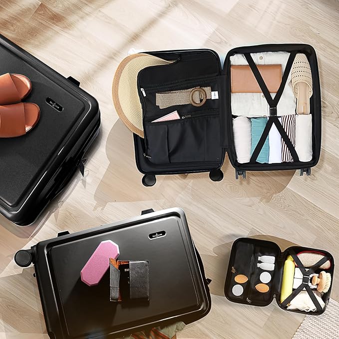 TRAVELARIM Hard Shell Luggage Sets with Spinner Wheels 4 Piece, Expandable Large Suitcases with TSA Lock, Travel Large Suitcase Set, Black Luggage Set