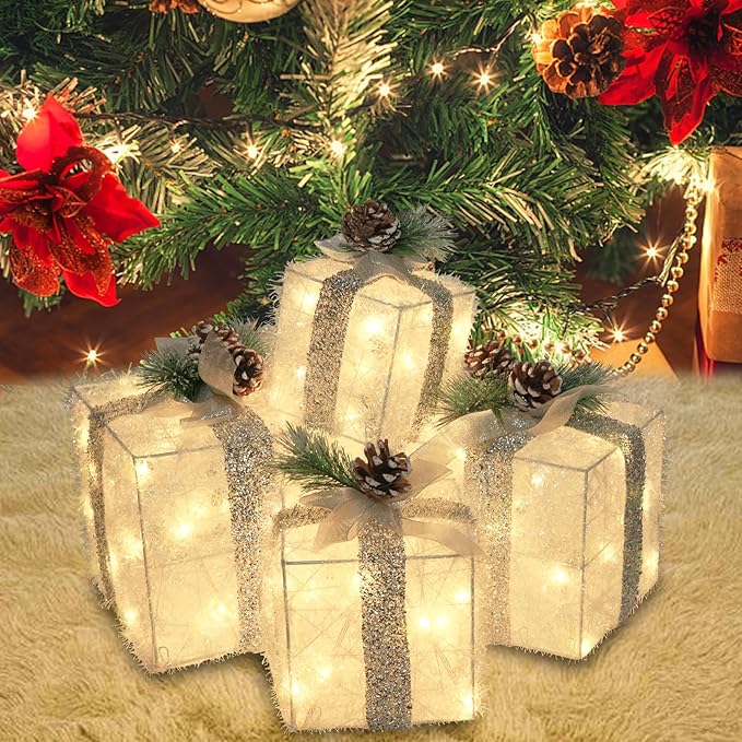 Set of 4 Christmas Lighted Gift Boxes, Pre-lit Light up Present Set with Different Sizes for Holiday Indoor Outdoor Decorations - Battery Operated(Warm White)