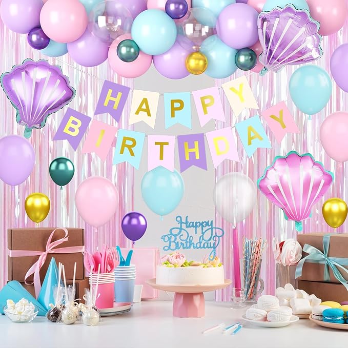 Mermaid Birthday Decorations for Girls, Pink Purple Blue Balloons with 'HAPPY BIRTHDAY' Banner Cake Topper Shells Foil Balloon Pink Fringe Curtain for Girls Women Mermaid Party Decorations