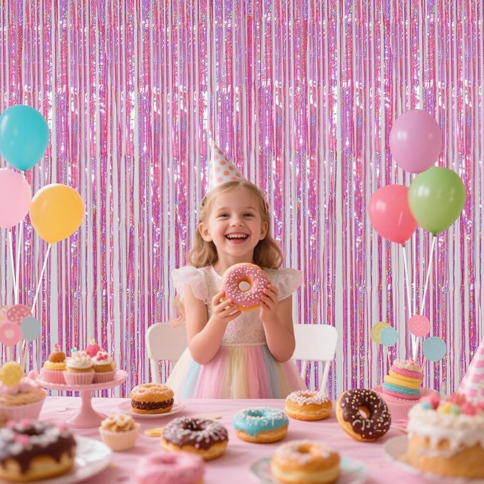 Pink Foil Fringe Curtains Party Decorations, 3.28x6.56ft Sparkling Streamer Tinsel Backdrop for Girls/Princess Birthday Party