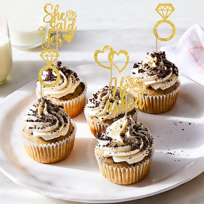 BEISHIDA He Asked She Said Yes Cupcake Toppers, 24 Pcs Engagement Cupcake Toppers Glitter Diamond Ring Heart Cupcake Picks for Wedding Engagement Bridal Shower Party Cake Decorations(Gold)