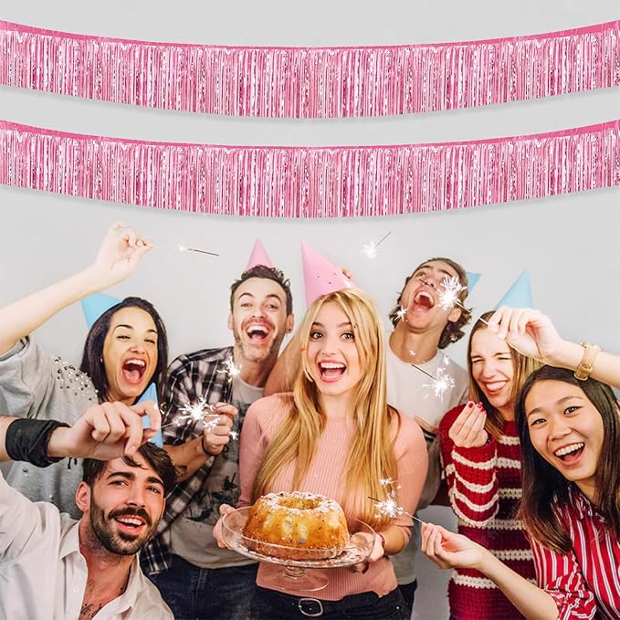 12 Pack 10 Feet Metallic Foil Fringe Garland Tinsel Streamers Banner, Pink Wall Hanging Tinsel Fringe Banners for Parade Floats, Wedding, Birthday, Christmas, New Year Party Decorations