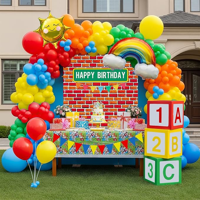 Sesame Friends party decorations Kit with cartoon Theme primary color Balloon and ABC123 Box brick wall birthday backdrop for kid birthday Kindergarten pre k back to school supplies
