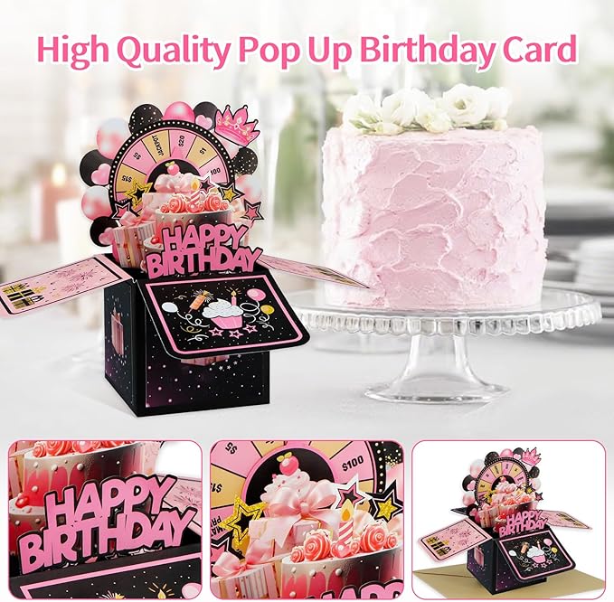 FaCraft Pop Up Birthday Card for Girl - 3D Handmade Spinning Wheel Design with Envelope & Blank Insert, Pink Interactive Happy Birthday Greeting Card for Daughter, Teens & Loved Ones