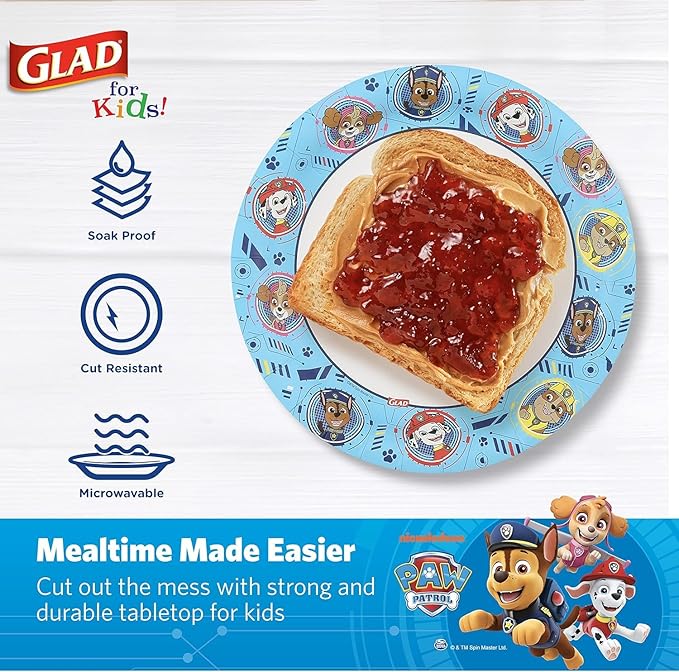 Glad for Kids Paw Patrol Disposable Paper Plates, Heavy Duty Soak Proof Microwavable Kids Plates for Parties, Birthdays, and Everyday Meals, Core Pups Blue, 7 Inch, 20 Count - 5 Pack