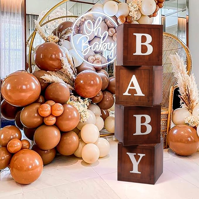 Baby Boxes with Letters for Baby Shower, 4pcs Grain Wood Balloon Boxes for Gender Reveal Birthday Wedding Teddy Bear Baby Shower Decorations (Wood)
