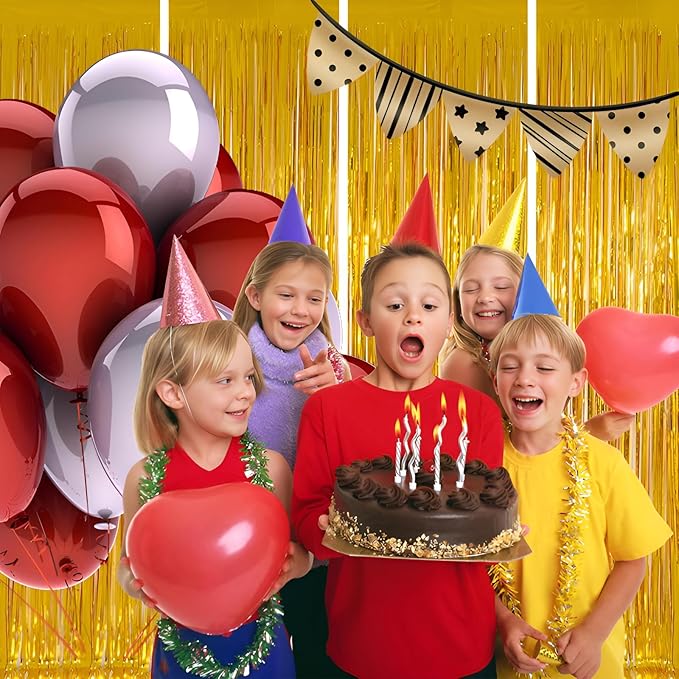 Valentines Day 4 Pack 3.3 * 8.3 ft Foil Curtain Metallic Tinsel Fringe Curtains Photo Booth Props Backdrop for Birthday Wedding Engagement Baby Shower Christmas Holiday Celebration Partyl,Gold