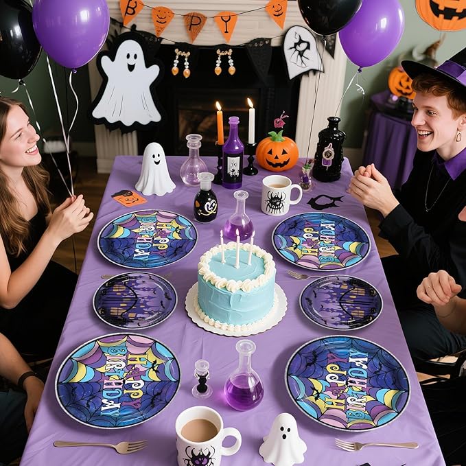 Grencian 96Pcs Purple and Black Birthday Party Decoration Gothic Spider Web Plates and Napkins Purple Black Theme Disposable Paper Tableware Set for Kids Boys Girls Birthday Party Supplies Serves 24
