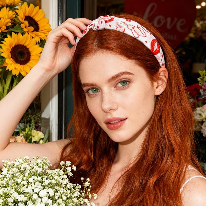 1pcs Valentines Headband With Red Lips Designs English Letters Headbands Fashion Women Head Band Non Slip Cute Knotted Headbands for Women for Valentines Lover Party Hair Accessory