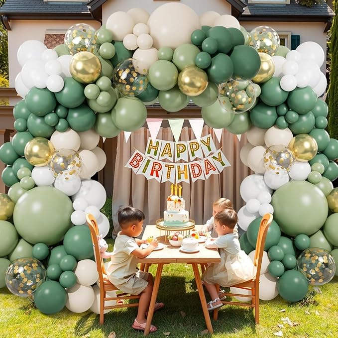 CboDeco Sage Green Balloon Garland Arch Kit, Sage Green Olive White Gold Balloons in 18 12 10 5 inch, Metallic Confetti Balloons for First Communion Safari Baby Shower Birthday Baptism Decorations