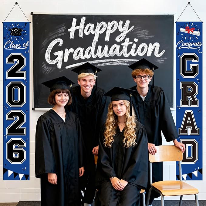 Graduation Decorations 2026 - Blue and Black Graduation Banner Class of 2026 Congrats Grad Party Supplies Decorations Door Banner 2026 for Graduation Decor