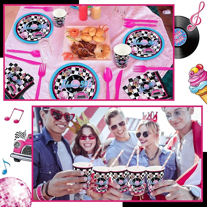 Yungyan 252 Pcs 50s Party Supplies Fabulous 1950s Plates and Napkins Disposable Back to the 50s Napkin Plate Cup 1950s Rock Music Record Decorations Retro Sock Hop Tableware Serves 36 Guests