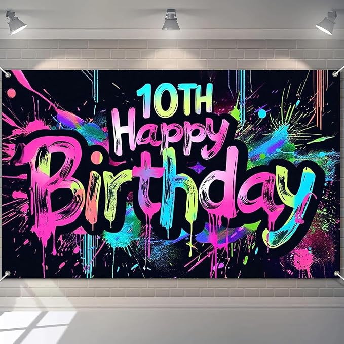 Neon 10th Happy Birthday Banner 71x43 Inch Paint Splatter Glow in The Dark Party Backdrop Colorful Wall Decor for Kids Boys Girls Tenth Birthday Celebrations Photo Booth Event Supplies