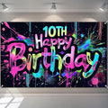 Neon 10th Happy Birthday Banner 71x43 Inch Paint Splatter Glow in The Dark Party Backdrop Colorful Wall Decor for Kids Boys Girls Tenth Birthday Celebrations Photo Booth Event Supplies