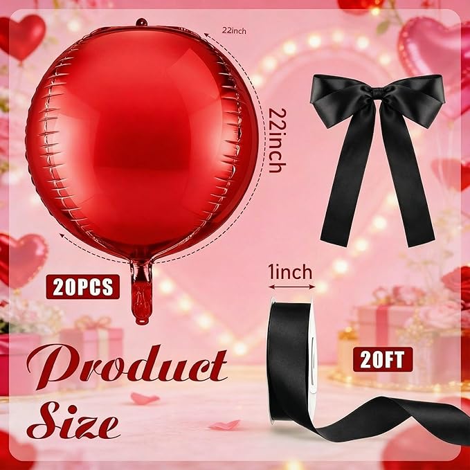 20 Pcs Metallic Red Foil Balloons Giant 22 Inch 4d Round Metallic Red Balloons with Black Ribbon for Birthday New Year Anniversary Tea Party Decorations