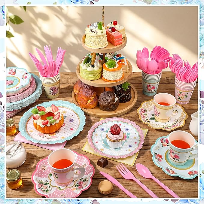 240 Pcs Tea Party Supplies 30 Guests Include Disposable Dinner Plates Dessert Plates Cups Saucers Napkins Knives Forks Spoons Floral Tea Party Tableware Set for Birthday Baby Shower Favors