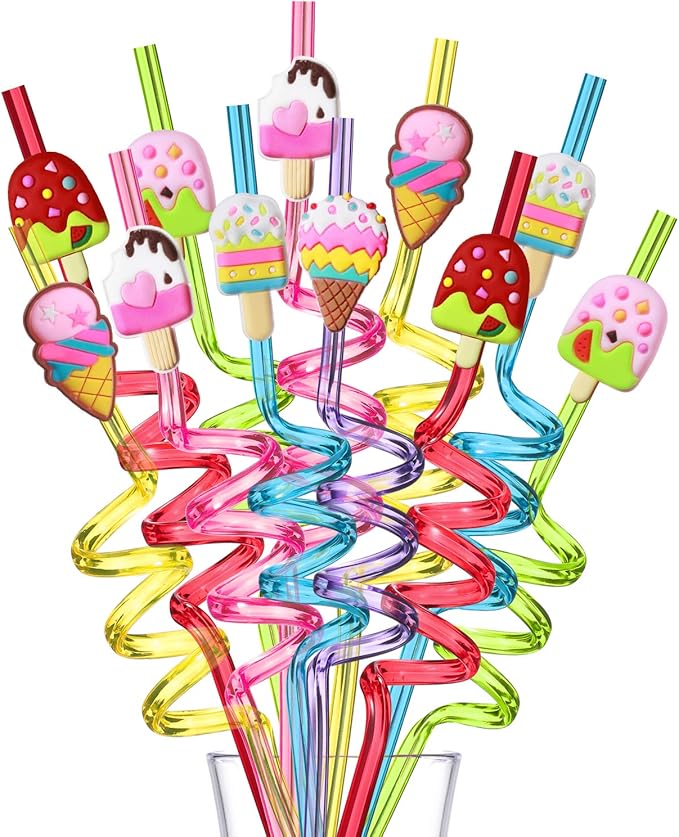 24 Reusable Ice Cream Straws for Birthday Party Supplies | Party Favors with 2 Cleaning Brush