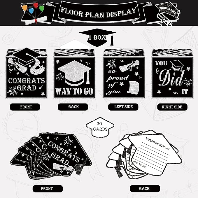 AYGXU graduation card box Holder 2026 with 30pcs graduation cards,Graduation party Decorations,graduation box for gifts and Cards,graduation money box,Graduation Party Supplies-black card box