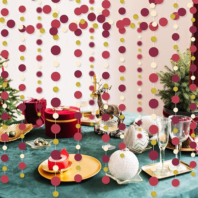Outus 10 Pieces Maroon,Gold Round Dots Garland Easter Graduation Party Hanging Decor Each Length 13.1ft Glitter Paper Dot Streamers for Birthday Wedding Classroom