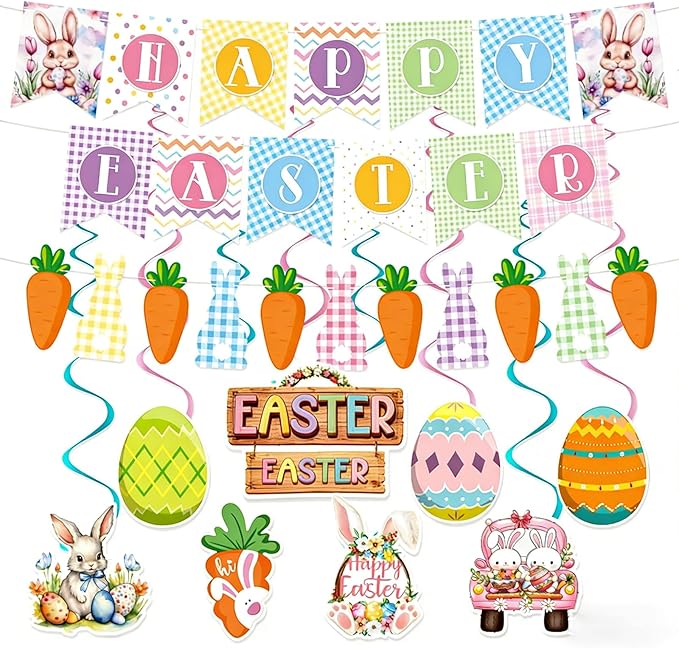Happy Easter Banner Easter Decorations Bunny Easter Banner Garland Egg Bunny Hanging Swirls Easter Egg Bunny Party Decorations Easter Party Supplies Outdoor Indoor Home Office Spring Party Decoration