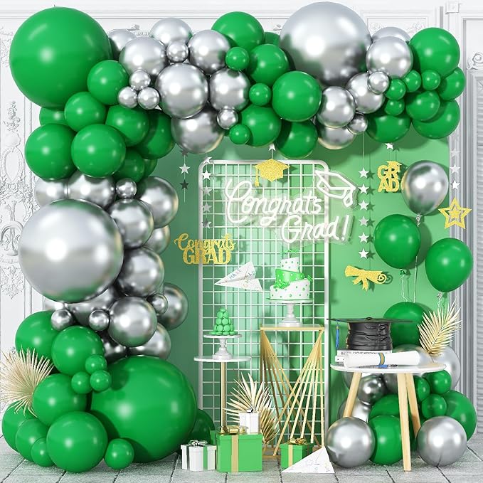 Green and Silver Balloon Garland, 100 Pcs Metallic Silver and Dark Green Balloon Arch Kit, Metallic and Latex Balloons Different Sizes for Graduation Jungle Safari Themed Party Decorations