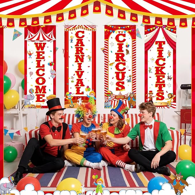 Panelee 4 Pcs Carnival Circus Party Decorations Welcome Carnival Circus Tickets Porch Banner Hanging Backdrop for Halloween Birthday Baby Shower Door Wall Indoor Outdoor Decor