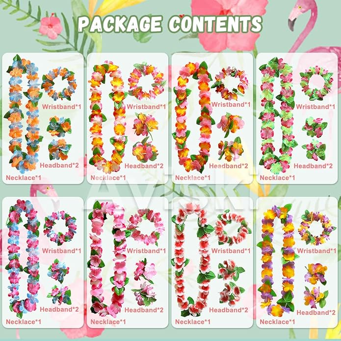 32pcs Hawaiian Leis Party Decorations, Necklace Flowers Bracelets Headband, Tropical Hawaiian Party Night Bar Vacation