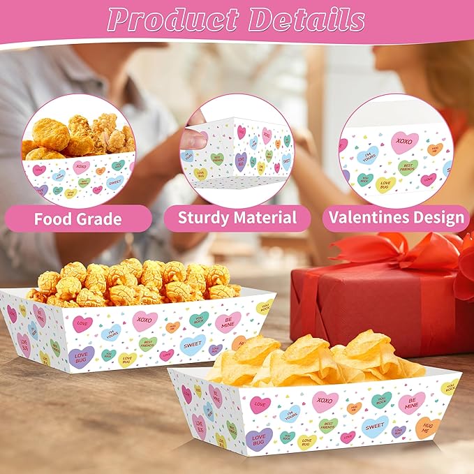 50 Pcs Valentines Paper Food Trays, Disposable Conversation Heart Serving Tray Valentine's Decorations, Love Holder Snack Food Boats, Popcorn Hot Dog Container for Wedding Birthday Party Supplies