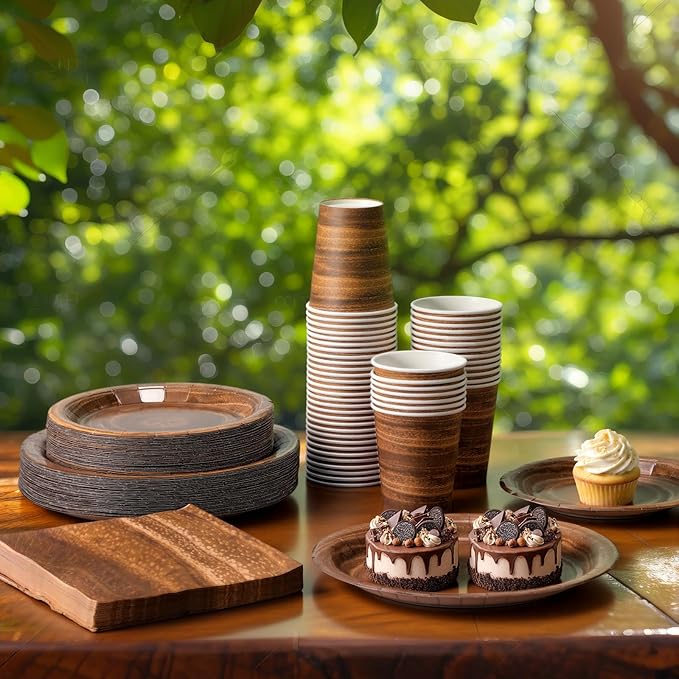 250 Pieces Rustic Wood Grain Party Tableware Set - Disposable Paper Plates, Cups & Napkins for 50 Guests - Lumberjack, Farmhouse, Camping, Forest Theme Birthday Decorations(Brown)