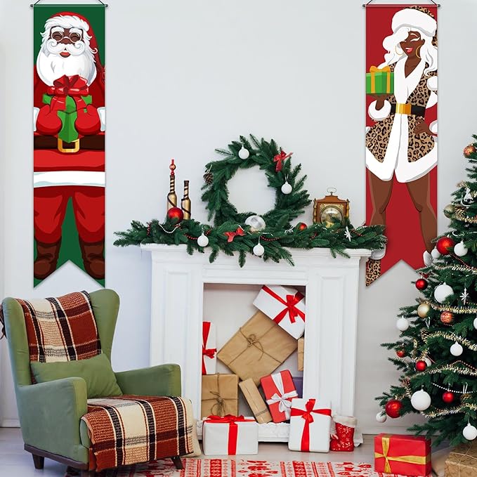 Blulu 2 Pack Christmas Porch Banners African American Christmas Porch Signs Black Santa Xmas Porch Sign Banners for Winter Holiday Party Indoor Outdoor Front Door Wall Yard Hanging Decorations