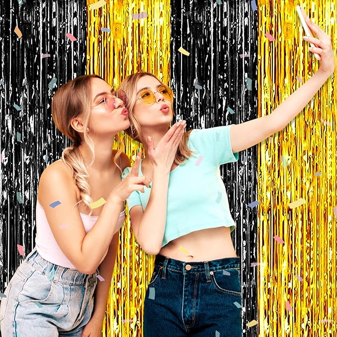 3 Pack Black Gold Foil Fringe Curtain Backdrop, 3.28Ft x 6.6Ft Metallic Tinsel Foil Fringe Streamer Curtains for Photo Booth, Christmas Day, Thanksgiving, Wedding, New Year Party Decorations